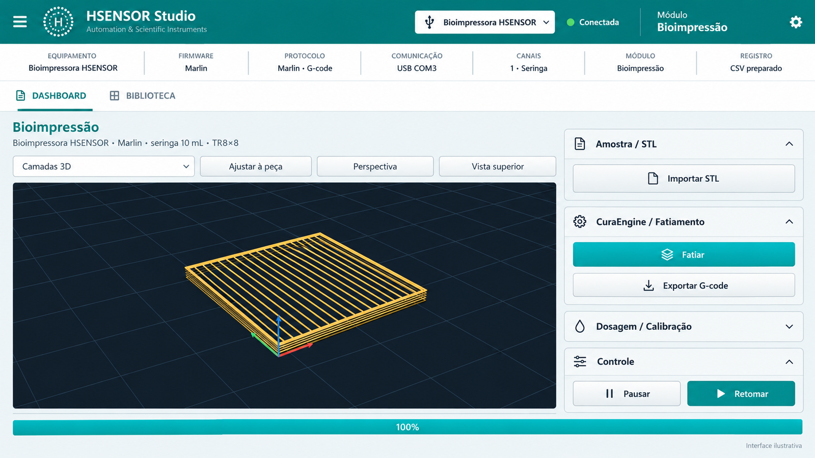 Interface ilustrativa do HSENSOR Studio com visualização de camadas de bioimpressão e painéis de fatiamento, dosagem e controle